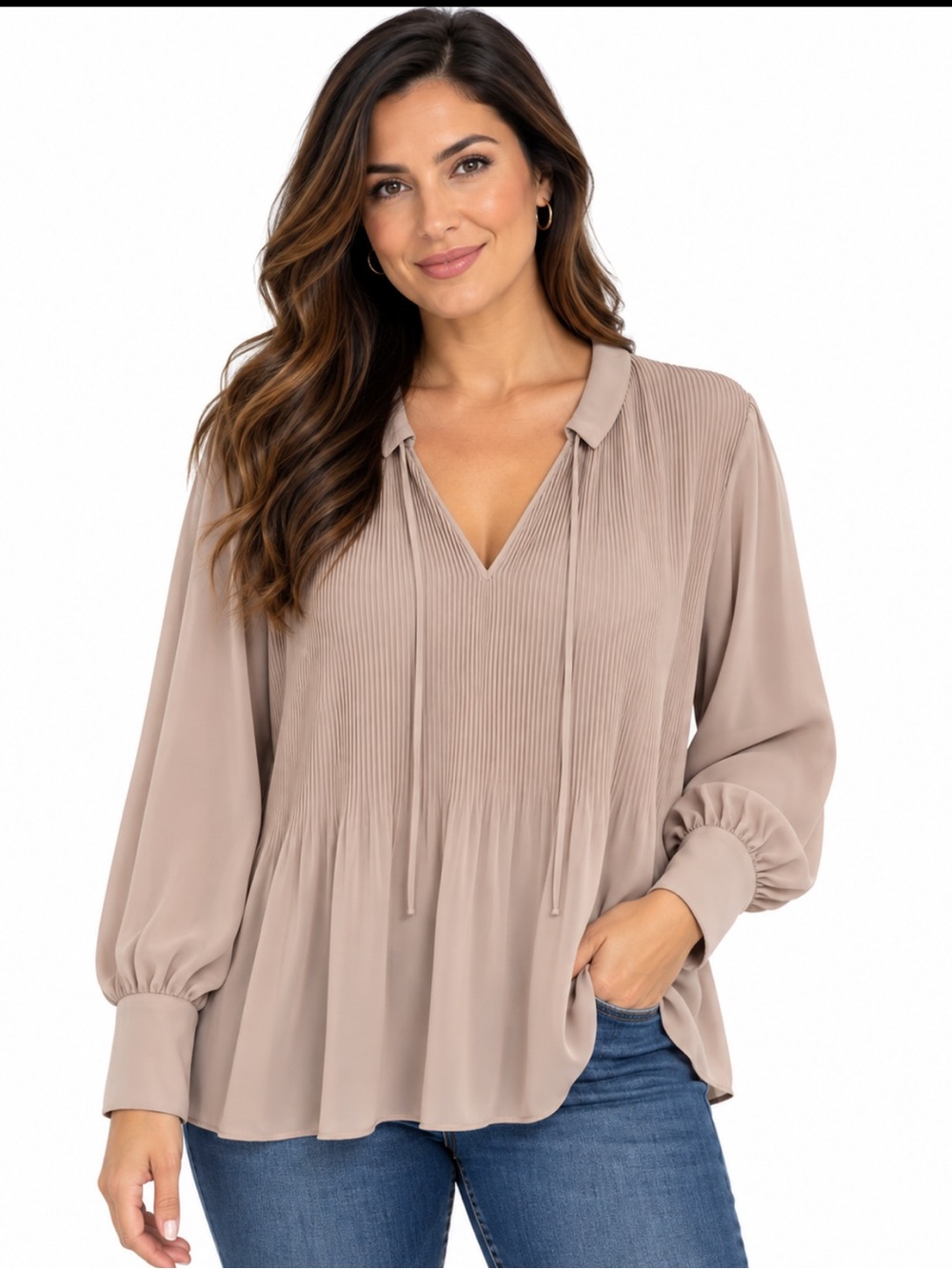 H&M Women M Taupe Pleated V Neck Balloon Sleeve Flowy Blouse
